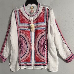Johnny Was White Tunic with Pink, Red & Blue Embroidery